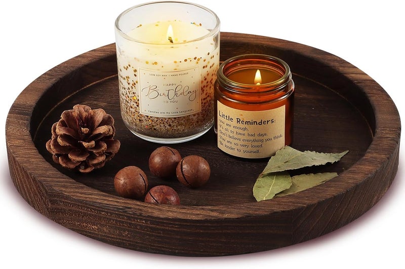 Hatway Wooden Decorative Tray Candle Holder Round Wood Tray Home Decor,Centerpieces Plates for Table centerpieces for CoffeeTable,Christmas Decor - Image 1